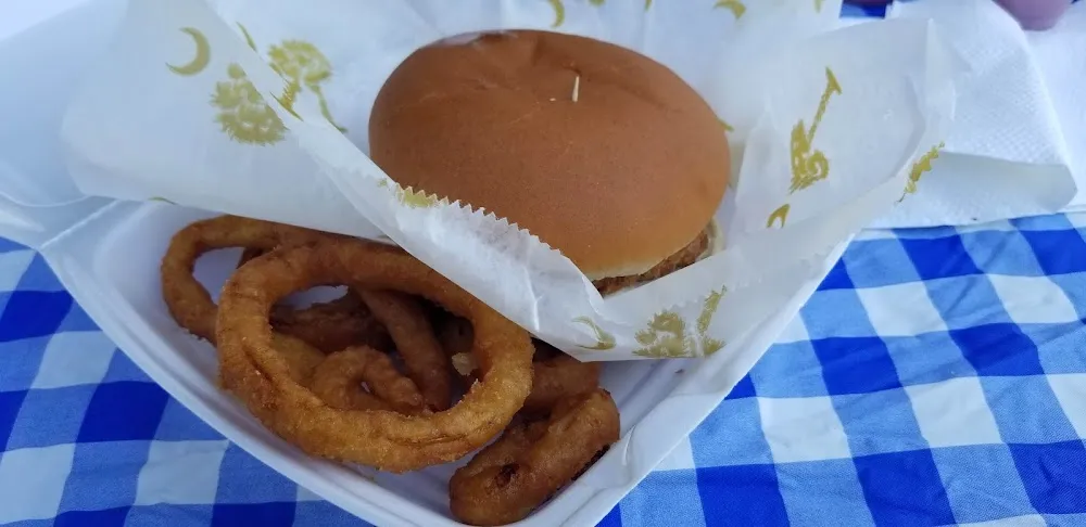 Shrimp Burger and Onion Rings